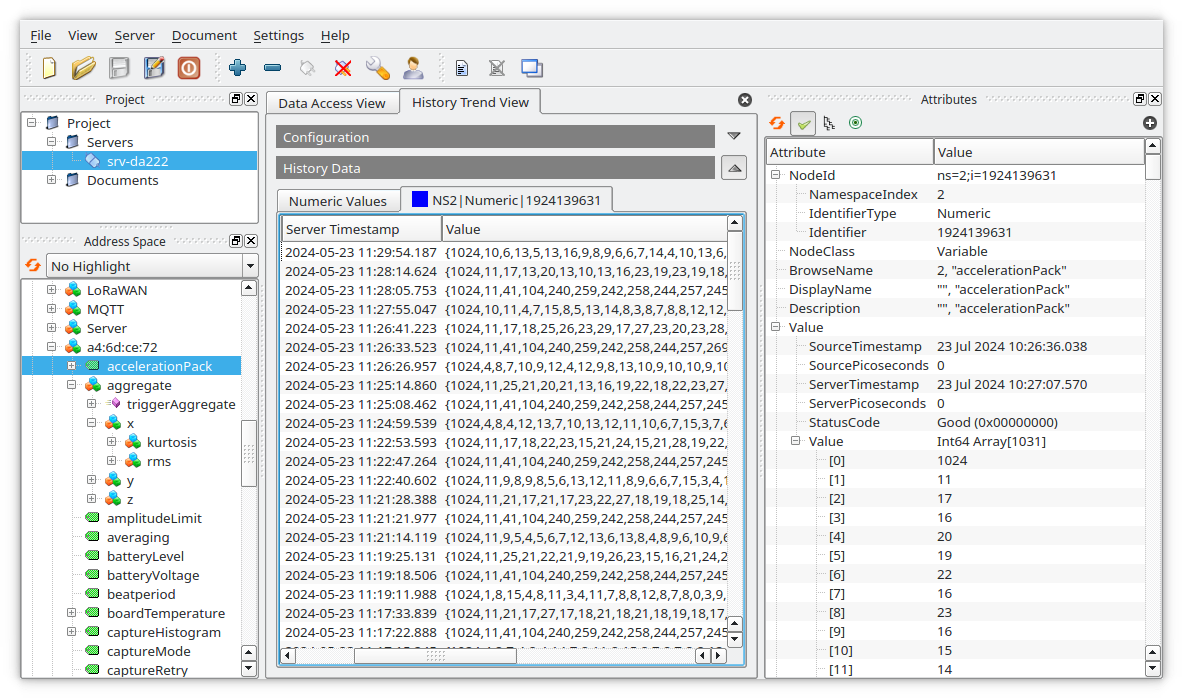 OPC-UA client showing historian vibration data.